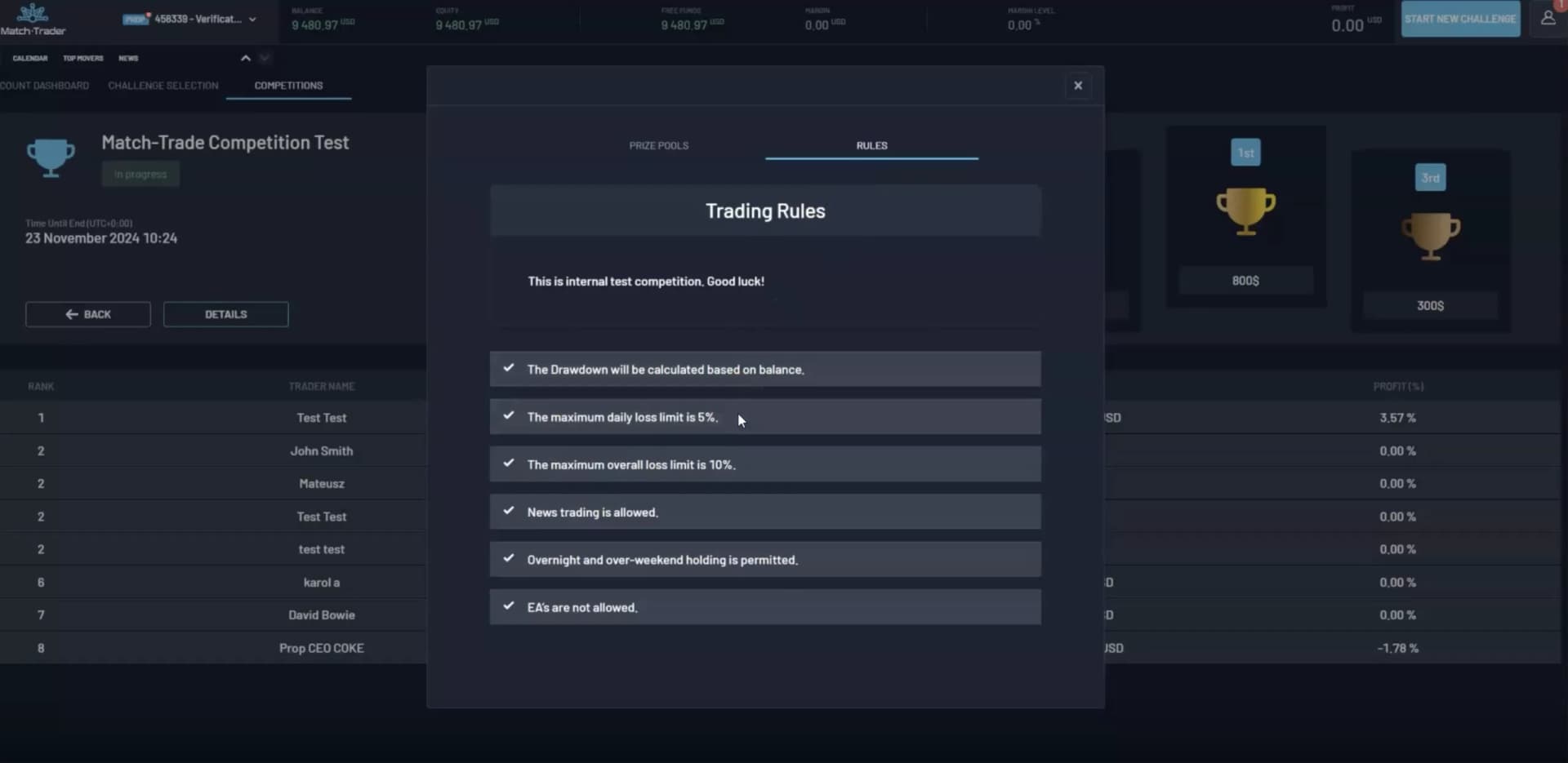 Match-Trader trading contests screenshot