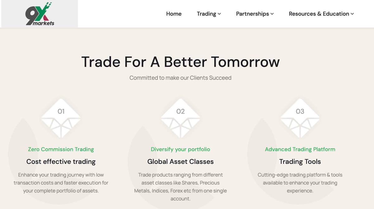 screenshot of the 9X Markets homepage