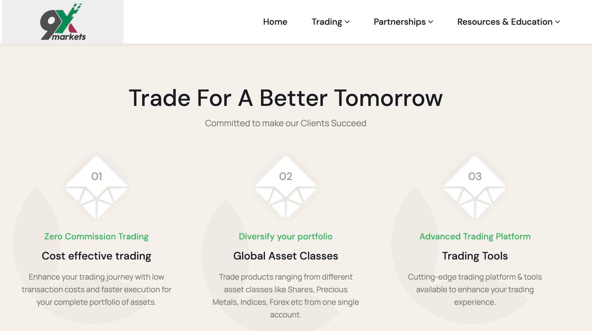 screenshot of the 9X Markets homepage