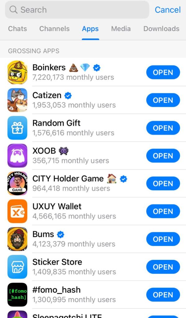 screenshot of the Telegram Mini App store