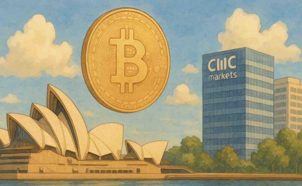 Bitcoin hanging over the Sydney opera house with CMC Markets office in the background