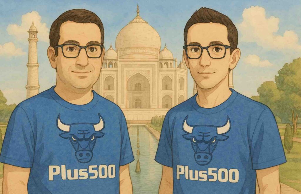 cartoon of Plus500 founders outside Taj Mahal
