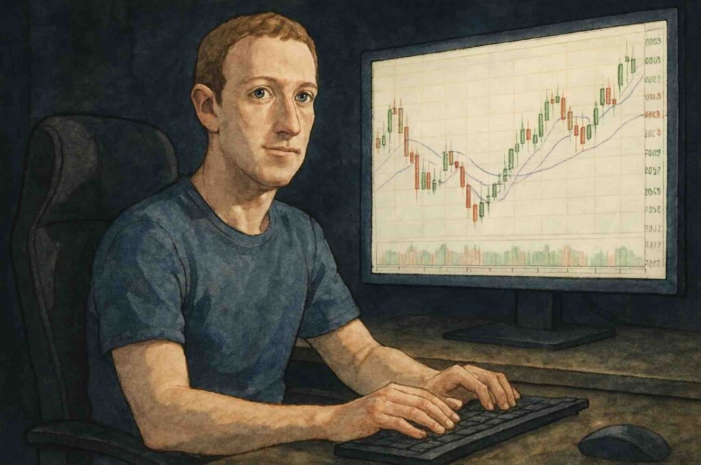 cartoon of Mark Zuckerburg on a computer with trading charts