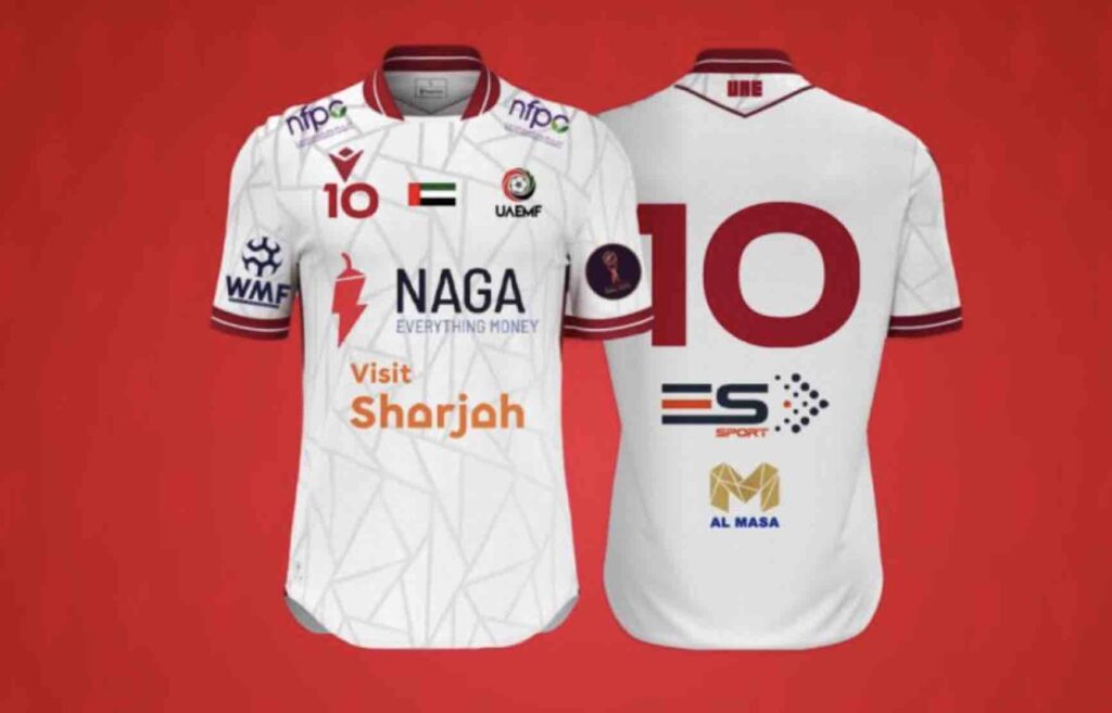 NAGA Group logo on UAE Minifootball team football shirt