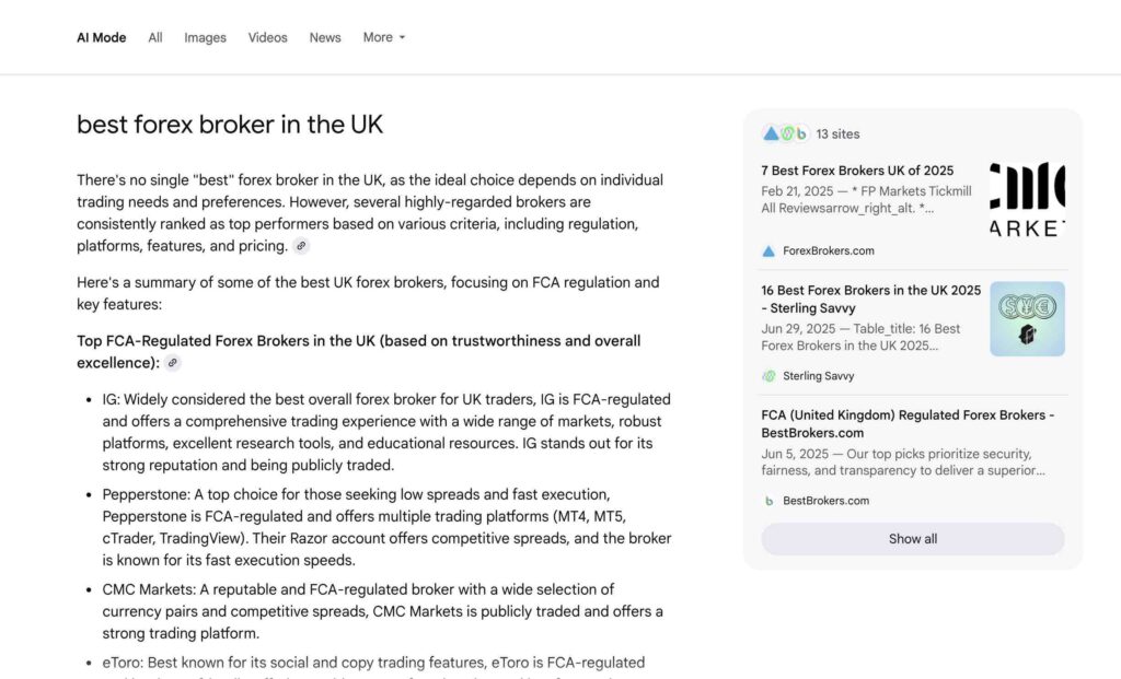 best forex brokers UK search in Google AI Mode