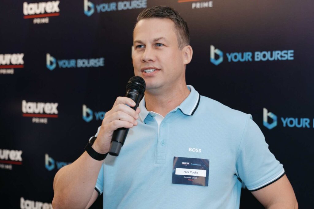 Taurex CEO Nick Cooke speaking at event in Limassol