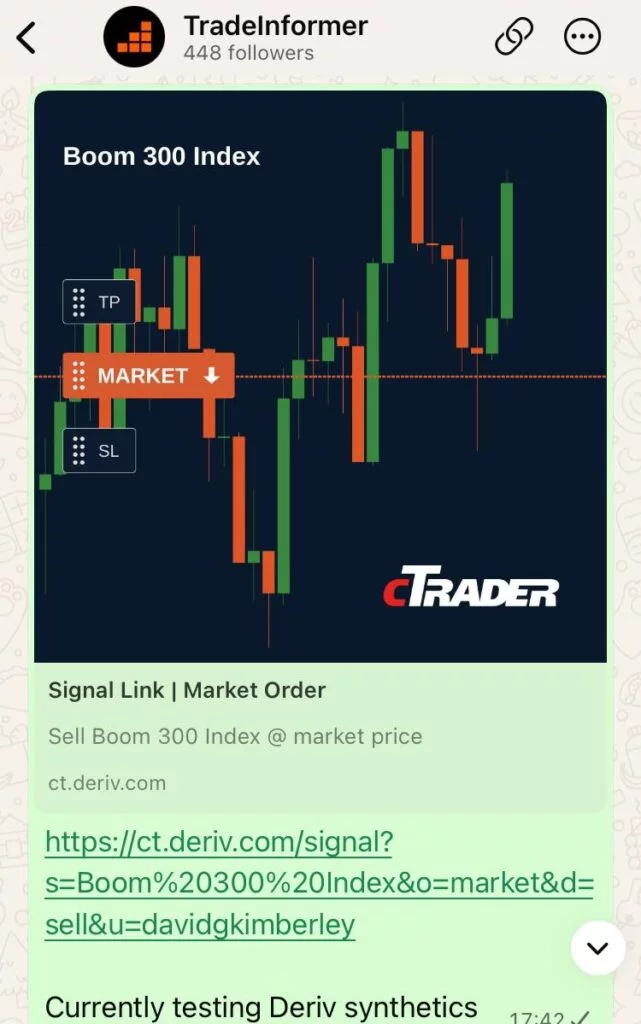 Screenshot of a cTrader Invite link shared in the TradeInformer WhatsApp Channel