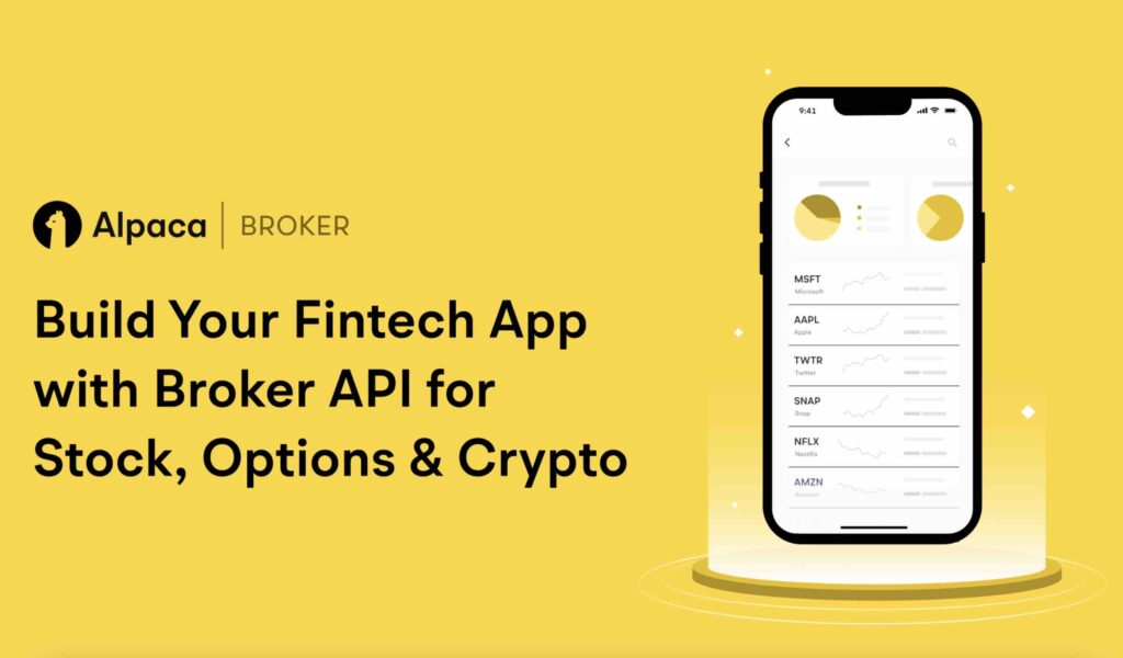 Alpaca broker branding on yellow background with phone app