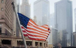US flag in Chicago financial district